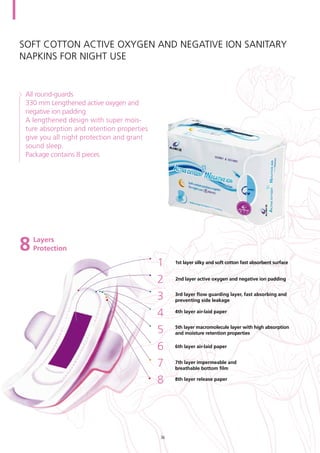 Soft cotton active oxygen and negative ion sanitary
napkins for night use
Layers
Protection
1st layer silky and soft cotton fast absorbent surface
2nd layer active oxygen and negative ion padding
3rd layer flow guarding layer, fast absorbing and
preventing side leakage
4th layer air-laid paper
5th layer macromolecule layer with high absorption
and moisture retention properties
6th layer air-laid paper
7th layer impermeable and
breathable bottom film
8th layer release paper
All round-guards
330 mm Lengthened active oxygen and
negative ion padding
A lengthened design with super mois-
ture absorption and retention properties
give you all night protection and grant
sound sleep.
Package contains 8 pieces
8
1
2
3
4
5
6
7
8
36
 