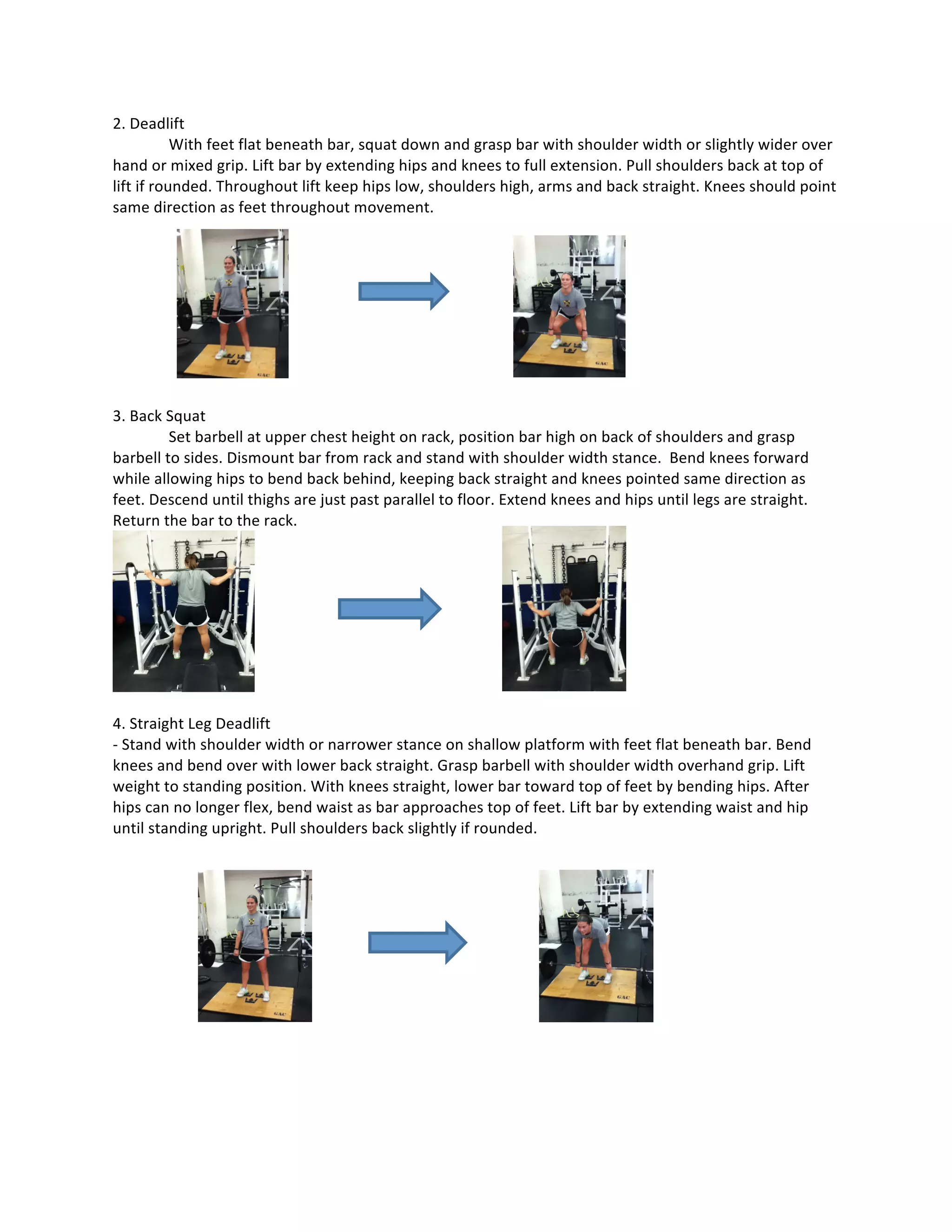 2.	
  Deadlift	
  
	
   With	
  feet	
  flat	
  beneath	
  bar,	
  squat	
  down	
  and	
  grasp	
  bar	
  with	
  shoulder	
  width	
  or	
  slightly	
  wider	
  over	
  
hand	
  or	
  mixed	
  grip.	
  Lift	
  bar	
  by	
  extending	
  hips	
  and	
  knees	
  to	
  full	
  extension.	
  Pull	
  shoulders	
  back	
  at	
  top	
  of	
  
lift	
  if	
  rounded.	
  Throughout	
  lift	
  keep	
  hips	
  low,	
  shoulders	
  high,	
  arms	
  and	
  back	
  straight.	
  Knees	
  should	
  point	
  
same	
  direction	
  as	
  feet	
  throughout	
  movement.	
  
	
  
	
  
	
  
	
  
	
  
	
  
	
  
	
  
	
  
3.	
  Back	
  Squat	
  
Set	
  barbell	
  at	
  upper	
  chest	
  height	
  on	
  rack,	
  position	
  bar	
  high	
  on	
  back	
  of	
  shoulders	
  and	
  grasp	
  
barbell	
  to	
  sides.	
  Dismount	
  bar	
  from	
  rack	
  and	
  stand	
  with	
  shoulder	
  width	
  stance.	
  	
  Bend	
  knees	
  forward	
  
while	
  allowing	
  hips	
  to	
  bend	
  back	
  behind,	
  keeping	
  back	
  straight	
  and	
  knees	
  pointed	
  same	
  direction	
  as	
  
feet.	
  Descend	
  until	
  thighs	
  are	
  just	
  past	
  parallel	
  to	
  floor.	
  Extend	
  knees	
  and	
  hips	
  until	
  legs	
  are	
  straight.	
  
Return	
  the	
  bar	
  to	
  the	
  rack.	
  	
  	
  
	
  
	
  
4.	
  Straight	
  Leg	
  Deadlift	
  
-­‐	
  Stand	
  with	
  shoulder	
  width	
  or	
  narrower	
  stance	
  on	
  shallow	
  platform	
  with	
  feet	
  flat	
  beneath	
  bar.	
  Bend	
  
knees	
  and	
  bend	
  over	
  with	
  lower	
  back	
  straight.	
  Grasp	
  barbell	
  with	
  shoulder	
  width	
  overhand	
  grip.	
  Lift	
  
weight	
  to	
  standing	
  position.	
  With	
  knees	
  straight,	
  lower	
  bar	
  toward	
  top	
  of	
  feet	
  by	
  bending	
  hips.	
  After	
  
hips	
  can	
  no	
  longer	
  flex,	
  bend	
  waist	
  as	
  bar	
  approaches	
  top	
  of	
  feet.	
  Lift	
  bar	
  by	
  extending	
  waist	
  and	
  hip	
  
until	
  standing	
  upright.	
  Pull	
  shoulders	
  back	
  slightly	
  if	
  rounded.	
  
	
  
	
  
	
  
	
  
	
  
	
  
	
  
	
  
	
  
	
  
	
  
	
  
	
  
	
  
	
  
	
  
	
   	
  
 