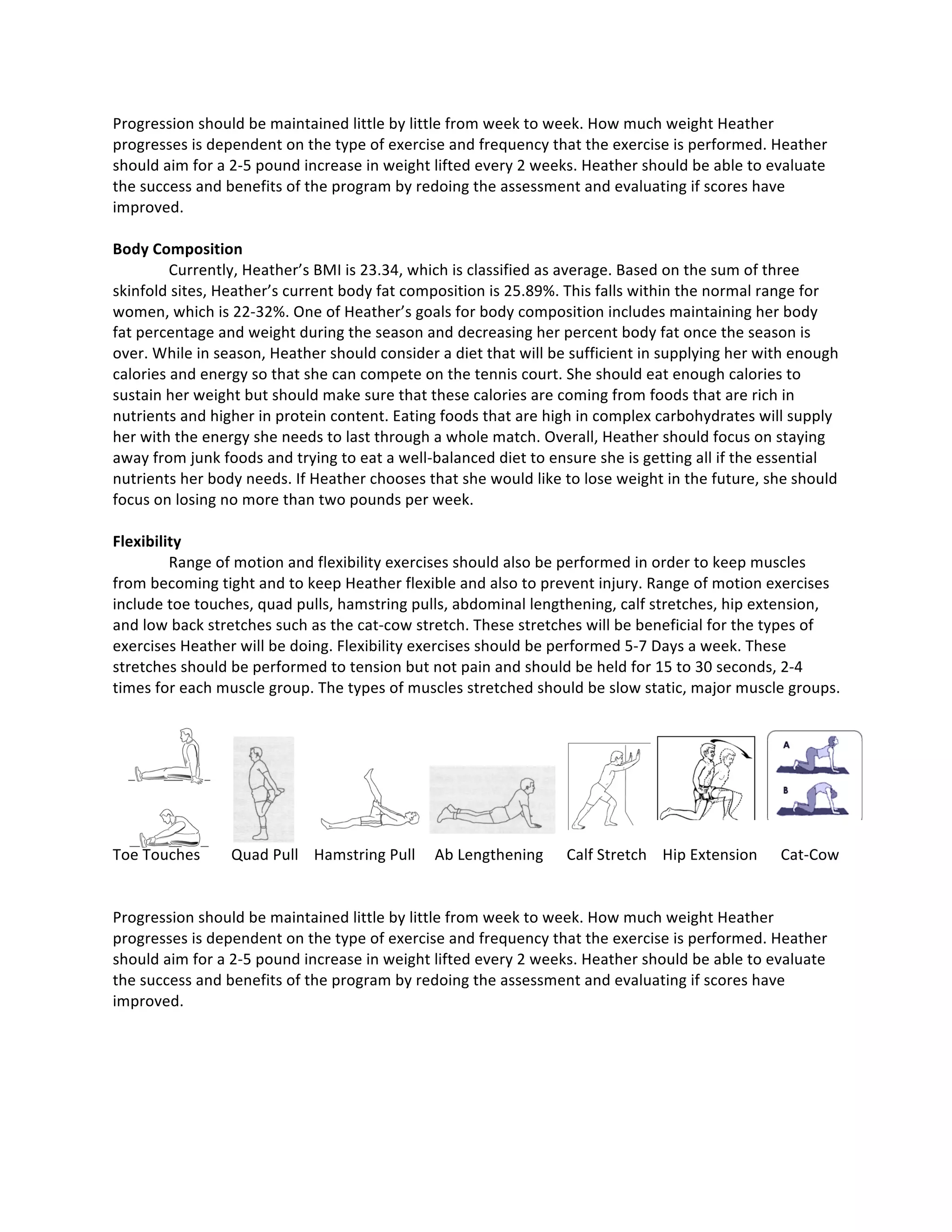 Progression	
  should	
  be	
  maintained	
  little	
  by	
  little	
  from	
  week	
  to	
  week.	
  How	
  much	
  weight	
  Heather	
  
progresses	
  is	
  dependent	
  on	
  the	
  type	
  of	
  exercise	
  and	
  frequency	
  that	
  the	
  exercise	
  is	
  performed.	
  Heather	
  
should	
  aim	
  for	
  a	
  2-­‐5	
  pound	
  increase	
  in	
  weight	
  lifted	
  every	
  2	
  weeks.	
  Heather	
  should	
  be	
  able	
  to	
  evaluate	
  
the	
  success	
  and	
  benefits	
  of	
  the	
  program	
  by	
  redoing	
  the	
  assessment	
  and	
  evaluating	
  if	
  scores	
  have	
  
improved.	
  	
  
	
  
Body	
  Composition	
  
	
   Currently,	
  Heather’s	
  BMI	
  is	
  23.34,	
  which	
  is	
  classified	
  as	
  average.	
  Based	
  on	
  the	
  sum	
  of	
  three	
  
skinfold	
  sites,	
  Heather’s	
  current	
  body	
  fat	
  composition	
  is	
  25.89%.	
  This	
  falls	
  within	
  the	
  normal	
  range	
  for	
  
women,	
  which	
  is	
  22-­‐32%.	
  One	
  of	
  Heather’s	
  goals	
  for	
  body	
  composition	
  includes	
  maintaining	
  her	
  body	
  
fat	
  percentage	
  and	
  weight	
  during	
  the	
  season	
  and	
  decreasing	
  her	
  percent	
  body	
  fat	
  once	
  the	
  season	
  is	
  
over.	
  While	
  in	
  season,	
  Heather	
  should	
  consider	
  a	
  diet	
  that	
  will	
  be	
  sufficient	
  in	
  supplying	
  her	
  with	
  enough	
  
calories	
  and	
  energy	
  so	
  that	
  she	
  can	
  compete	
  on	
  the	
  tennis	
  court.	
  She	
  should	
  eat	
  enough	
  calories	
  to	
  
sustain	
  her	
  weight	
  but	
  should	
  make	
  sure	
  that	
  these	
  calories	
  are	
  coming	
  from	
  foods	
  that	
  are	
  rich	
  in	
  
nutrients	
  and	
  higher	
  in	
  protein	
  content.	
  Eating	
  foods	
  that	
  are	
  high	
  in	
  complex	
  carbohydrates	
  will	
  supply	
  
her	
  with	
  the	
  energy	
  she	
  needs	
  to	
  last	
  through	
  a	
  whole	
  match.	
  Overall,	
  Heather	
  should	
  focus	
  on	
  staying	
  
away	
  from	
  junk	
  foods	
  and	
  trying	
  to	
  eat	
  a	
  well-­‐balanced	
  diet	
  to	
  ensure	
  she	
  is	
  getting	
  all	
  if	
  the	
  essential	
  
nutrients	
  her	
  body	
  needs.	
  If	
  Heather	
  chooses	
  that	
  she	
  would	
  like	
  to	
  lose	
  weight	
  in	
  the	
  future,	
  she	
  should	
  
focus	
  on	
  losing	
  no	
  more	
  than	
  two	
  pounds	
  per	
  week.	
  	
  
	
  
Flexibility	
  
	
   Range	
  of	
  motion	
  and	
  flexibility	
  exercises	
  should	
  also	
  be	
  performed	
  in	
  order	
  to	
  keep	
  muscles	
  
from	
  becoming	
  tight	
  and	
  to	
  keep	
  Heather	
  flexible	
  and	
  also	
  to	
  prevent	
  injury.	
  Range	
  of	
  motion	
  exercises	
  
include	
  toe	
  touches,	
  quad	
  pulls,	
  hamstring	
  pulls,	
  abdominal	
  lengthening,	
  calf	
  stretches,	
  hip	
  extension,	
  
and	
  low	
  back	
  stretches	
  such	
  as	
  the	
  cat-­‐cow	
  stretch.	
  These	
  stretches	
  will	
  be	
  beneficial	
  for	
  the	
  types	
  of	
  
exercises	
  Heather	
  will	
  be	
  doing.	
  Flexibility	
  exercises	
  should	
  be	
  performed	
  5-­‐7	
  Days	
  a	
  week.	
  These	
  
stretches	
  should	
  be	
  performed	
  to	
  tension	
  but	
  not	
  pain	
  and	
  should	
  be	
  held	
  for	
  15	
  to	
  30	
  seconds,	
  2-­‐4	
  
times	
  for	
  each	
  muscle	
  group.	
  The	
  types	
  of	
  muscles	
  stretched	
  should	
  be	
  slow	
  static,	
  major	
  muscle	
  groups.	
  
	
   	
  
	
  
	
  
	
  
	
  
	
  
	
  
Toe	
  Touches	
  	
  	
  	
  	
  	
  	
  	
  Quad	
  Pull	
  	
  	
  	
  Hamstring	
  Pull	
  	
  	
  	
  	
  Ab	
  Lengthening	
  	
  	
  	
  	
  	
  Calf	
  Stretch	
  	
  	
  	
  Hip	
  Extension	
  	
  	
  	
  	
  	
  Cat-­‐Cow	
  
	
  
	
  
Progression	
  should	
  be	
  maintained	
  little	
  by	
  little	
  from	
  week	
  to	
  week.	
  How	
  much	
  weight	
  Heather	
  
progresses	
  is	
  dependent	
  on	
  the	
  type	
  of	
  exercise	
  and	
  frequency	
  that	
  the	
  exercise	
  is	
  performed.	
  Heather	
  
should	
  aim	
  for	
  a	
  2-­‐5	
  pound	
  increase	
  in	
  weight	
  lifted	
  every	
  2	
  weeks.	
  Heather	
  should	
  be	
  able	
  to	
  evaluate	
  
the	
  success	
  and	
  benefits	
  of	
  the	
  program	
  by	
  redoing	
  the	
  assessment	
  and	
  evaluating	
  if	
  scores	
  have	
  
improved.	
  
	
  
	
  
	
  
	
  
	
  
	
   	
   	
   	
   	
  
	
   	
  
 