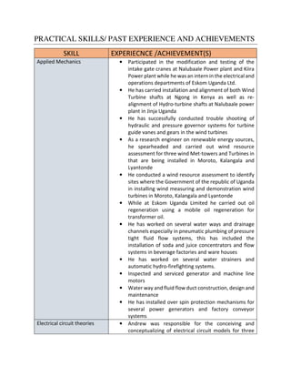 PRACTICAL SKILLS/ PAST EXPERIENCE AND ACHIEVEMENTS
SKILL EXPERIECNCE /ACHIEVEMENT(S)
Applied Mechanics • Participated in the modification and testing of the
intake gate cranes at Nalubaale Power plant and Kiira
Power plant while he was an intern in the electrical and
operations departments of Eskom Uganda Ltd.
• He has carried installation and alignment of both Wind
Turbine shafts at Ngong in Kenya as well as re-
alignment of Hydro-turbine shafts at Nalubaale power
plant in Jinja Uganda
• He has successfully conducted trouble shooting of
hydraulic and pressure governor systems for turbine
guide vanes and gears in the wind turbines
• As a research engineer on renewable energy sources,
he spearheaded and carried out wind resource
assessment for three wind Met-towers and Turbines in
that are being installed in Moroto, Kalangala and
Lyantonde
• He conducted a wind resource assessment to identify
sites where the Government of the republic of Uganda
in installing wind measuring and demonstration wind
turbines in Moroto, Kalangala and Lyantonde
• While at Eskom Uganda Limited he carried out oil
regeneration using a mobile oil regeneration for
transformer oil.
• He has worked on several water ways and drainage
channels especially in pneumatic plumbing of pressure
tight fluid flow systems, this has included the
installation of soda and juice concentrators and flow
systems in beverage factories and ware houses
• He has worked on several water strainers and
automatic hydro-firefighting systems.
• Inspected and serviced generator and machine line
motors
• Water way and fluid flow duct construction, design and
maintenance
• He has installed over spin protection mechanisms for
several power generators and factory conveyor
systems
Electrical circuit theories • Andrew was responsible for the conceiving and
conceptualizing of electrical circuit models for three
 