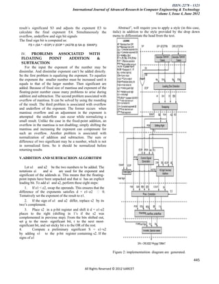 ISSN: 2278 – 1323
                                      International Journal of Advanced Research in Computer Engineering & Technology
                                                                                          Volume 1, Issue 4, June 2012


result´s significand S3 and adjusts the exponent E3 to                Abstract”, will require you to apply a style (in this case,
calculate the final exponent E4. Simultaneously the              italic) in addition to the style provided by the drop down
overflow, underflow and sign bit signals                         menu to differentiate the head from the text.
The final sign bit is computed as:
      FS = (SA ^ ~EOP) V (EOP ^ (AGTB ⨁ SA ⨁ SWAP))


  IV.    PROBLEMS ASSOCIATED WITH
  FLOATING            POINT        ADDITION             &
  SUBTRACTION
    For the input the exponent of the number may be
dissimilar. And dissimilar exponent can’t be added directly.
So the first problem is equalizing the exponent. To equalize
the exponent the smaller number must be increased until it
equals to that of the larger number. Then significant are
added. Because of fixed size of mantissa and exponent of the
floating-point number cause many problems to arise during
addition and subtraction. The second problem associated with
overflow of mantissa. It can be solved by using the rounding
of the result. The third problem is associated with overflow
and underflow of the exponent. The former occurs when
mantissa overflow and an adjustment in the exponent is
attempted the underflow can occur while normalizing a
small result. Unlike the case in the fixed-point addition, an
overflow in the mantissa is not disabling; simply shifting the
mantissa and increasing the exponent can compensate for
such an overflow. Another problem is associated with
normalization of addition and subtraction. The sum or
difference of two significant may be a number, which is not
in normalized form. So it should be normalized before
returning results

V.ADDITION AND SUBTRACRION ALGORITHM

    Let a1 and a2 be the two numbers to be added. The
notations ei       and si      are used for the exponent and
significant of the addends ai. This means that the floating-
point inputs have been unpacked and that si has an explicit
leading bit. To add a1 and a2, perform these eight steps:
    1. If e1 < e2, swap the operands. This ensures that the
difference of the exponents satisfies d = e1–e2  0.
Tentatively set the exponent of the result to e1.
    2. If the sign of a1 and a2 differ, replace s2 by its
two’s complement.
    3. Place s2 in a p-bit register and shift it d = e1-e2
places to the right (shifting in 1’s if the s2 was
complemented in previous step). From the bits shifted out,
set g to the most- significant bit, r to the next most-
significant bit, and set sticky bit s to the OR of the rest.
4.        Compute a preliminary significant S = s1+s2
by adding s1 to the p-bit register containing s2. If the
signs of a1



                                                                 Figure 2: implementaition diagram are generated.

                                                                                                                            445

                                              All Rights Reserved © 2012 IJARCET
 