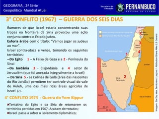 3° CONFLITO (1967) – GUERRA DOS SEIS DIAS
Rumores de que Israel estaria concentrando suas
tropas na fronteira da Síria provocou uma ação
conjunta contra o Estado judeu.
Euforia árabe com o título: “Vamos jogar os judeus
ao mar”.
Israel contra-ataca e vence, tomando os seguintes
territórios:
--Do Egito 1 – A Faixa de Gaza e a 2 - Península do
Sinai
--Da Jordânia 3 - Cisjordânia e 4 setor de
Jerusalém (que foi anexada integralmente a Israel)
-- Da Síria 5 - as Colinas de Golã (área das nascentes
do Rio Jordão) permitem ter controle visual do vale
de Huleh, uma das mais ricas áreas agrícolas de
Israel (7).
4° CONFLITO 1973 - Guerra do Yom Kippur
Tentativa do Egito e da Síria de retomarem os
territórios perdidos em 1967. Acabam derrotados;
Israel passa a sofrer o isolamento diplomático;
GEOGRAFIA , 2ª Série
Geopolítica Mundial Atual
1
2
3
4
5
Imagem:SixDayWarTerritories/Ling.nut/Attribution-ShareAlike2.5Generic
 