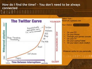 How do I find the time? - You don't need to be always connected Taken from - headrush.typepad.com Your Choice On your PC On your Phone Through your games console On your TV On your Laptop/Tablet On your alarm clock (really!) Whatever works for you personally 