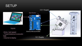 SETUP
3.5 V Supply
12 V Supply
Arduino Microcontroller
Inputs:
-Entry / exit speed
- Travel distance to acoustic
field
-Volume to deploy
Start Button
 