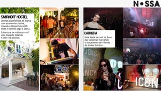 SMIRNOFFHOSTEL
Unimos experiência de marca
com economia criativa,
criando o Hostel Smirnoff:
onde o talento paga a conta.
SMIRNOFFHOSTEL
Unimos experiência de marca
com economia criativa,
criando o Hostel Smirnoff:
onde o talento paga a conta.
CARRERA
Uma festa incrível na Casa
das Caldeiras marcando
o lançamento de 4 linhas
de óculos Carrera.
Cobertura de mídia on e off
com impacto total de
4.268.112 pessoas.
 