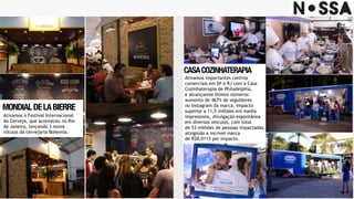 MONDIALDELABIERRE
Ativamos o Festival Internacional
da Cerveja, que aconteceu no Rio
de Janeiro, lançando 3 novos
rótulos da cervejaria Bohemia.
CASACOZINHATERAPIA
Ativamos importantes centros
comerciais em SP e RJ com a Casa
Cozinhaterapia de Philadelphia,
e alcançamos ótimos números:
aumento de 467% de seguidores
no Instagram da marca, impacto
superior a 11,5 milhões em media
impressions, divulgação espontânea
em diversos veículos, com total
de 53 milhões de pessoas impactadas,
atingindo a incrível marca
de R$0,0113 por impacto.
 