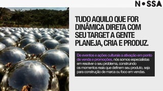 TUDOAQUILOQUEFOR
DINÂMICADIRETACOM
SEUTARGETAGENTE
PLANEJA,CRIAEPRODUZ.
Este projeto é uma obra intelectual pertencente à agência Nossa!, resguardada pela
proteção dos direitos autorais, conforme lei nº. 9.610 de 19 de fevereiro de 1998.
Deeventoseaçõesculturaisaativaçãoemponto
devendaepromoções,nóssomosespecialistas
emresolveroseuproblema,construindo

osmomentosreaisquedefinemseuproduto,seja
paraconstruçãodemarcaoufocoemvendas.
 