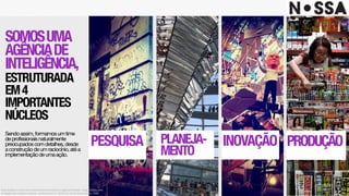 PESQUISA
SOMOSUMA 
AGÊNCIADE 
INTELIGÊNCIA,
ESTRUTURADA
EM4
IMPORTANTES
NÚCLEOS
Sendoassim,formamosumtime
deprofissionaisnaturalmente
preocupadoscomdetalhes,desde
aconstruçãodeumraciocínio,atéa
implementaçãodeumaação.
INOVAÇÃOPLANEJA-
MENTO
PRODUÇÃO
Este projeto é uma obra intelectual pertencente à agência Nossa!, resguardada pela
proteção dos direitos autorais, conforme lei nº. 9.610 de 19 de fevereiro de 1998.
 
