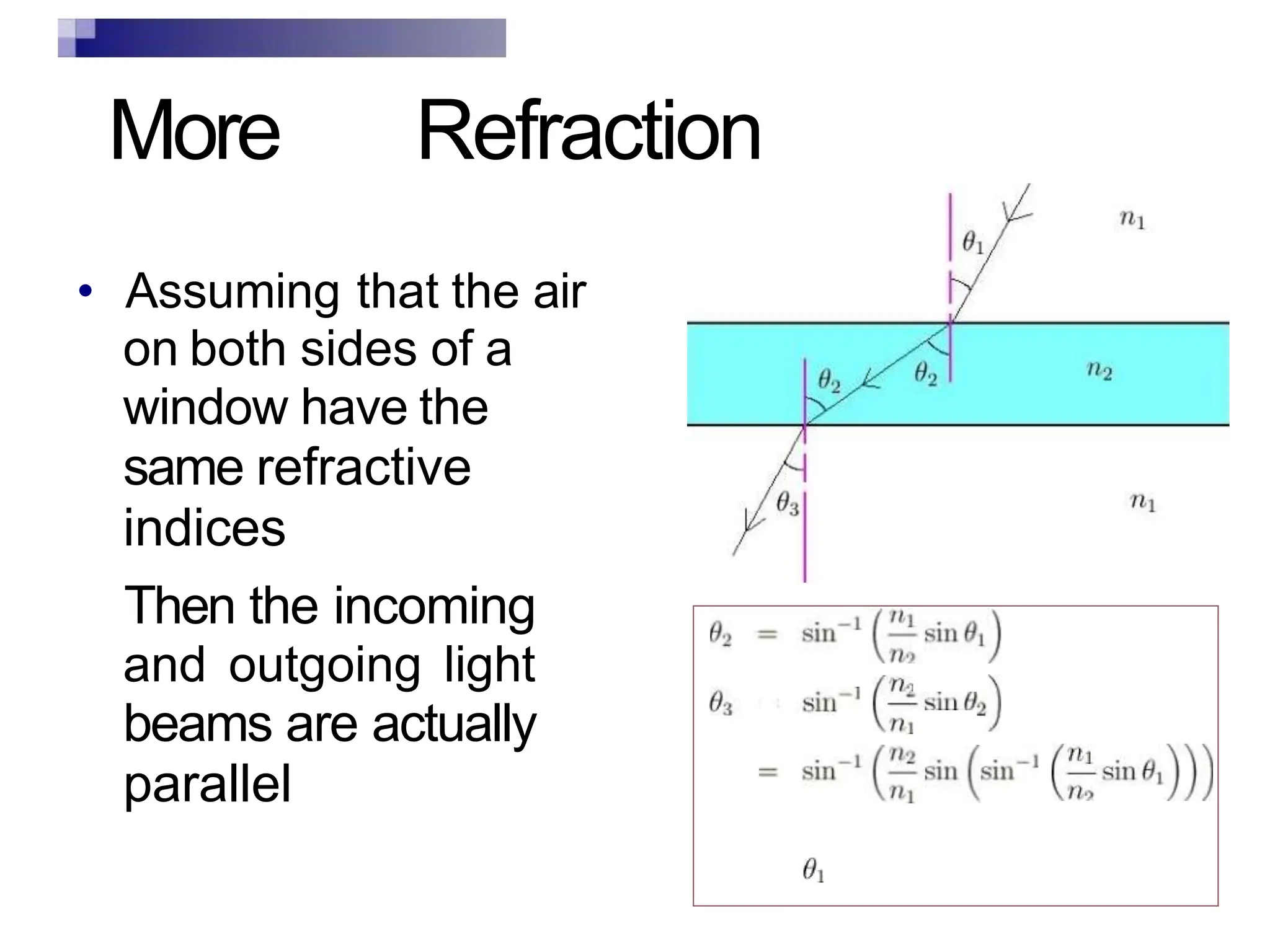 More Refraction
• Assuming that the air
on both sides of a
window have the
same refractive
indices
Then the incoming
and outgoing light
beams are actually
parallel
 