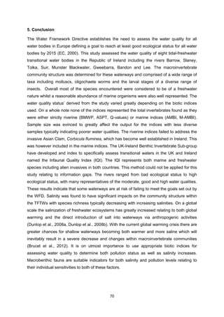 70
5. Conclusion
The Water Framework Directive establishes the need to assess the water quality for all
water bodies in Europe defining a goal to reach at least good ecological status for all water
bodies by 2015 (EC, 2000). This study assessed the water quality of eight tidal-freshwater
transitional water bodies in the Republic of Ireland including the rivers Barrow, Slaney,
Tolka, Suir, Munster Blackwater, Gweebarra, Bandon and Lee. The macroinvertebrate
community structure was determined for these waterways and comprised of a wide range of
taxa including molluscs, oligochaete worms and the larval stages of a diverse range of
insects. Overall most of the species encountered were considered to be of a freshwater
nature whilst a reasonable abundance of marine organisms were also well represented. The
water quality status’ derived from the study varied greatly depending on the biotic indices
used. On a whole note none of the indices represented the total invertebrates found as they
were either strictly riverine (BMWP, ASPT, Q-values) or marine indices (AMBI, M-AMBI).
Sample size was evinced to greatly affect the output for the indices with less diverse
samples typically indicating poorer water qualities. The riverine indices failed to address the
invasive Asian Clam, Corbicula fluminea, which has become well established in Ireland. This
was however included in the marine indices. The UK-Ireland Benthic Invertebrate Sub-group
have developed and index to specifically assess transitional waters in the UK and Ireland
named the Infaunal Quality Index (IQI). The IQI represents both marine and freshwater
species including alien invasives in both countries. This method could not be applied for this
study relating to information gaps. The rivers ranged from bad ecological status to high
ecological status, with many representatives of the moderate, good and high water qualities.
These results indicate that some waterways are at risk of failing to meet the goals set out by
the WFD. Salinity was found to have significant impacts on the community structure within
the TFTWs with species richness typically decreasing with increasing salinities. On a global
scale the salinization of freshwater ecosystems has greatly increased relating to both global
warming and the direct introduction of salt into waterways via anthropogenic activities
(Dunlop et al., 2008a, Dunlop et al., 2008b). With the current global warming crisis there are
greater chances for shallow waterways becoming both warmer and more saline which will
inevitably result in a severe decrease and changes within macroinvertebrate communities
(Brucet et al., 2012). It is on utmost importance to use appropriate biotic indices for
assessing water quality to determine both pollution status as well as salinity increases.
Macrobenthic fauna are suitable indicators for both salinity and pollution levels relating to
their individual sensitivities to both of these factors.
 