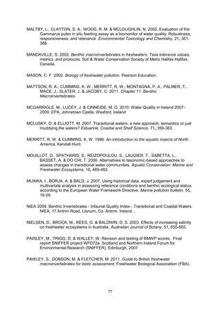 77
MALTBY, L., CLAYTON, S. A., WOOD, R. M. & MCLOUGHLIN, N. 2002. Evaluation of the
Gammarus pulex in situ feeding assay as a biomonitor of water quality: Robustness,
responsiveness, and relevance. Environmental Toxicology and Chemistry, 21, 361-
368.
MANDAVILLE, S. 2002. Benthic macroinvertebrates in freshwaters: Taxa tolerance values,
metrics, and protocols, Soil & Water Conservation Society of Metro Halifax Halifax,
Canada.
MASON, C. F. 2002. Biology of freshwater pollution, Pearson Education.
MATTSON, R. A., CUMMINS, K. W., MERRITT, R. W., MONTAGNA, P. A., PALMER, T.,
MACE, J., SLATER, J. & JACOBY, C. 2011. Chapter 11. Benthic
Macroinvertebrates.
MCGARRIGLE, M., LUCEY, J. & CINNEIDE, M. O. 2010. Water Quality in Ireland 2007-
2009. EPA, Johnstown Castle, Wexford, Ireland
MCLUSKY, D. & ELLIOTT, M. 2007. Transitional waters: a new approach, semantics or just
muddying the waters? Estuarine, Coastal and Shelf Science, 71, 359-363.
MERRITT, R. W. & CUMMINS, K. W. 1996. An introduction to the aquatic insects of North
America, Kendall Hunt.
MOUILLOT, D., SPATHARIS, S., REIZOPOULOU, S., LAUGIER, T., SABETTA, L.,
BASSET, A. & DO CHI, T. 2006. Alternatives to taxonomic‐based approaches to
assess changes in transitional water communities. Aquatic Conservation: Marine and
Freshwater Ecosystems, 16, 469-482.
MUXIKA, I., BORJA, A. & BALD, J. 2007. Using historical data, expert judgement and
multivariate analysis in assessing reference conditions and benthic ecological status,
according to the European Water Framework Directive. Marine pollution bulletin, 55,
16-29.
NIEA 2009. Benthic Invertebrates - Infaunal Quality Index - Transitional and Coastal Waters.
NIEA, 17 Antrim Road, LIsnurn, Co. Antrim. Ireland. .
NIELSEN, D., BROCK, M., REES, G. & BALDWIN, D. S. 2003. Effects of increasing salinity
on freshwater ecosystems in Australia. Australian Journal of Botany, 51, 655-665.
PAISLEY, M., TRIGG, D. & WALLEY, W. Revision and testing of BMWP scores. Final
report SNIFFER project WFD72a. Scotland and Northern Ireland Forum for
Environmental Research (SNIFFER), Edinburgh, 2007.
PAWLEY, S., DOBSON, M. & FLETCHER, M. 2011. Guide to British freshwater
macroinvertebrates for biotic assessment, Freshwater Biological Association (FBA).
 