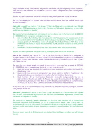 ---
Loi électorale – Textes coordonnés (2006 & Révisions 2011, 2015 et 2017) - Usage personnel
25
dépouillement ou de compilation, est punie d’une servitude pénale principale de six mois à
cinq ans et d’une amende de 200.000 à 5.000.000 francs congolais ou d’une de ces peines
seulement.
Elle est, en outre, privée de ses droits de vote et d’éligibilité pour une durée de six ans.
Est puni au double de ces peines, tout membre du bureau de vote qui sollicite ou accepte
lesdits avantages.
Article 88 : (modifié par l’article 1er de la Loi n°11/003 du 25 juin 2011 modifiant la Loi n°06/006
du 09 mars 2006 portant organisation des élections présidentielle, législatives, provinciales,
urbaines, municipales et locales)
Est punie d’une servitude pénale principale de six mois à cinq ans et d’une amende de 200.000
à 1.000.000 Francs congolais, toute personne qui :
1. use à l’endroit d’un électeur des menaces, des violences, des injures ou des voies de fait
en vue de le déterminer à s’abstenir de prendre part au vote ou d’influencer son choix ;
2. engage, poste un individu ou réunit un groupe d’individus armés ou non dans le but
d’intimider les électeurs ou de troubler l’ordre avant, pendant ou après le déroulement
du vote ;
3. commet ou incite à commettre des actes de violence dans un bureau de vote.
Elle est, en outre, privée de ses droits civils et politiques pour une durée de six ans.
Article 89 : (modifié par l’article 1er de la Loi n°15/001 du 12 février 2015 modifiant et
complétant la Loi n°06/006 du 09 mars 2006 portant organisation des élections présidentielle,
législatives, provinciales, urbaines, municipales et locales telle que modifiée par la Loi n°11/003
du 25 juin 2011)
Est puni d’une servitude pénale principale de six mois à cinq ans et d’une amende de 500.000
à 1.000.000 de francs congolais ou d’une de ces peines seulement :
1. toute personne qui soustrait des bulletins ou pose des actes susceptibles de fausser les
résultats du vote;
2. tout membre du centre de compilation qui altère ou tente d’altérer l’agrégation des
résultats électoraux en modifiant les résultats d’un candidat ou d’une liste;
3. tout membre de la Commission électorale nationale indépendante ou de sa
représentation locale qui facilite la fraude au cours du déroulement des opérations
électorales au bureau de vote, dans le centre de vote, dans le centre de compilation ou
au niveau du Bureau de la Commission électorale nationale indépendante.
Il est, en outre, puni de la déchéance de ses droits de vote et d’éligibilité politiques pendant
une période de six ans.
Article 90 : (modifié par l’article 1er de la Loi n°11/003 du 25 juin 2011 modifiant la Loi n°06/006
du 09 mars 2006 portant organisation des élections présidentielle, législatives, provinciales,
urbaines, municipales et locales)
Est puni d’une servitude pénale principale de six mois tout membre de la Commission
électorale nationale indépendante ou de sa représentation locale, sous réserve des cas
autorisés par la présente loi ou par le Code pénal ordinaire en matière de secret professionnel,
qui aura révélé les résultats de vote à des tierces personnes avant la clôture des opérations de
vote.
Il est, en outre, puni de la déchéance de ses droits civils et politiques pendant une période de
six ans.
 