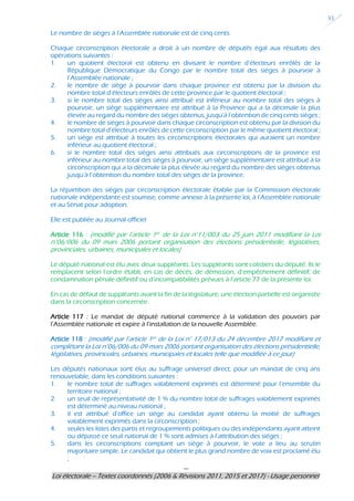 ---
Loi électorale – Textes coordonnés (2006 & Révisions 2011, 2015 et 2017) - Usage personnel
31
Le nombre de sièges à l’Assemblée nationale est de cinq cents.
Chaque circonscription électorale a droit à un nombre de députés égal aux résultats des
opérations suivantes :
1. un quotient électoral est obtenu en divisant le nombre d’électeurs enrôlés de la
République Démocratique du Congo par le nombre total des sièges à pourvoir à
l’Assemblée nationale ;
2. le nombre de siège à pourvoir dans chaque province est obtenu par la division du
nombre total d’électeurs enrôlés de cette province par le quotient électoral ;
3. si le nombre total des sièges ainsi attribué est inférieur au nombre total des sièges à
pourvoir, un siège supplémentaire est attribué à la Province qui a la décimale la plus
élevée au regard du nombre des sièges obtenus, jusqu’à l’obtention de cinq cents sièges ;
4. le nombre de sièges à pourvoir dans chaque circonscription est obtenu par la division du
nombre total d’électeurs enrôlés de cette circonscription par le même quotient électoral ;
5. un siège est attribué à toutes les circonscriptions électorales qui auraient un nombre
inférieur au quotient électoral ;
6. si le nombre total des sièges ainsi attribués aux circonscriptions de la province est
inférieur au nombre total des sièges à pourvoir, un siège supplémentaire est attribué à la
circonscription qui a la décimale la plus élevée au regard du nombre des sièges obtenus
jusqu’à l’obtention du nombre total des sièges de la province.
La répartition des sièges par circonscription électorale établie par la Commission électorale
nationale indépendante est soumise, comme annexe à la présente loi, à l’Assemblée nationale
et au Sénat pour adoption.
Elle est publiée au Journal officiel
Article 116 : (modifié par l’article 1er de la Loi n°11/003 du 25 juin 2011 modifiant la Loi
n°06/006 du 09 mars 2006 portant organisation des élections présidentielle, législatives,
provinciales, urbaines, municipales et locales)
Le député national est élu avec deux suppléants. Les suppléants sont colistiers du député. Ils le
remplacent selon l’ordre établi, en cas de décès, de démission, d’empêchement définitif, de
condamnation pénale définitif ou d’incompatibilités prévues à l’article 77 de la présente loi.
En cas de défaut de suppléants avant la fin de la législature, une élection partielle est organisée
dans la circonscription concernée.
Article 117 : Le mandat de député national commence à la validation des pouvoirs par
l’Assemblée nationale et expire à l’installation de la nouvelle Assemblée.
Article 118 : (modifié par l’article 1er de la Loi n° 17/013 du 24 décembre 2017 modifiant et
complétant la Loi n°06/006 du 09 mars 2006 portant organisation des élections présidentielle,
législatives, provinciales, urbaines, municipales et locales telle que modifiée à ce jour)
Les députés nationaux sont élus au suffrage universel direct, pour un mandat de cinq ans
renouvelable, dans les conditions suivantes :
1. le nombre total de suffrages valablement exprimés est déterminé pour l’ensemble du
territoire national ;
2. un seuil de représentativité de 1 % du nombre total de suffrages valablement exprimés
est déterminé au niveau national ;
3. il est attribué d’office un siège au candidat ayant obtenu la moitié de suffrages
valablement exprimés dans la circonscription ;
4. seules les listes des partis et regroupements politiques ou des indépendants ayant atteint
ou dépassé ce seuil national de 1 % sont admises à l’attribution des sièges ;
5. dans les circonscriptions comptant un siège à pourvoir, le vote a lieu au scrutin
majoritaire simple. Le candidat qui obtient le plus grand nombre de voix est proclamé élu
;
 