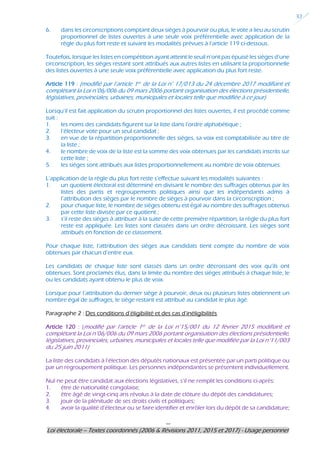 ---
Loi électorale – Textes coordonnés (2006 & Révisions 2011, 2015 et 2017) - Usage personnel
32
6. dans les circonscriptions comptant deux sièges à pourvoir ou plus, le vote a lieu au scrutin
proportionnel de listes ouvertes à une seule voix préférentielle avec application de la
règle du plus fort reste et suivant les modalités prévues à l’article 119 ci-dessous.
Toutefois, lorsque les listes en compétition ayant atteint le seuil n’ont pas épuisé les sièges d’une
circonscription, les sièges restant sont attribués aux autres listes en utilisant la proportionnelle
des listes ouvertes à une seule voix préférentielle avec application du plus fort reste.
Article 119 : (modifié par l’article 1er de la Loi n° 17/013 du 24 décembre 2017 modifiant et
complétant la Loi n°06/006 du 09 mars 2006 portant organisation des élections présidentielle,
législatives, provinciales, urbaines, municipales et locales telle que modifiée à ce jour)
Lorsqu’il est fait application du scrutin proportionnel des listes ouvertes, il est procédé comme
suit :
1. les noms des candidats figurent sur la liste dans l’ordre alphabétique ;
2. l’électeur vote pour un seul candidat ;
3. en vue de la répartition proportionnelle des sièges, sa voix est comptabilisée au titre de
la liste ;
4. le nombre de voix de la liste est la somme des voix obtenues par les candidats inscrits sur
cette liste ;
5. les sièges sont attribués aux listes proportionnellement au nombre de voix obtenues.
L’application de la règle du plus fort reste s’effectue suivant les modalités suivantes :
1. un quotient électoral est déterminé en divisant le nombre des suffrages obtenus par les
listes des partis et regroupements politiques ainsi que les indépendants admis à
l’attribution des sièges par le nombre de sièges à pourvoir dans la circonscription ;
2. pour chaque liste, le nombre de sièges obtenu est égal au nombre des suffrages obtenus
par cette liste divisée par ce quotient ;
3. s’il reste des sièges à attribuer à la suite de cette première répartition, la règle du plus fort
reste est appliquée. Les listes sont classées dans un ordre décroissant. Les sièges sont
attribués en fonction de ce classement.
Pour chaque liste, l’attribution des sièges aux candidats tient compte du nombre de voix
obtenues par chacun d’entre eux.
Les candidats de chaque liste sont classés dans un ordre décroissant des voix qu’ils ont
obtenues. Sont proclamés élus, dans la limite du nombre des sièges attribués à chaque liste, le
ou les candidats ayant obtenu le plus de voix.
Lorsque pour l’attribution du dernier siège à pourvoir, deux ou plusieurs listes obtiennent un
nombre égal de suffrages, le siège restant est attribué au candidat le plus âgé.
Paragraphe 2 : Des conditions d’éligibilité et des cas d’inéligibilités
Article 120 : (modifié par l’article 1er de la Loi n°15/001 du 12 février 2015 modifiant et
complétant la Loi n°06/006 du 09 mars 2006 portant organisation des élections présidentielle,
législatives, provinciales, urbaines, municipales et locales telle que modifiée par la Loi n°11/003
du 25 juin 2011)
La liste des candidats à l’élection des députés nationaux est présentée par un parti politique ou
par un regroupement politique. Les personnes indépendantes se présentent individuellement.
Nul ne peut être candidat aux élections législatives, s’il ne remplit les conditions ci-après:
1. être de nationalité congolaise;
2. être âgé de vingt-cinq ans révolus à la date de clôture du dépôt des candidatures;
3. jouir de la plénitude de ses droits civils et politiques;
4. avoir la qualité d’électeur ou se faire identifier et enrôler lors du dépôt de sa candidature;
 