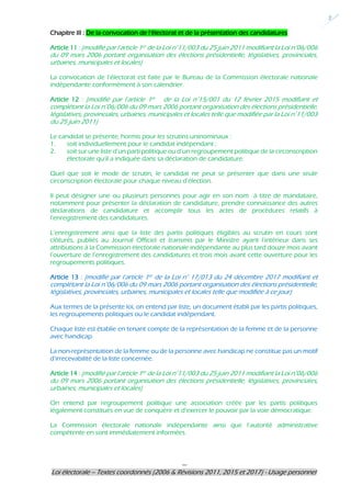 ---
Loi électorale – Textes coordonnés (2006 & Révisions 2011, 2015 et 2017) - Usage personnel
2
Chapitre III : De la convocation de l’électorat et de la présentation des candidatures
Article 11 : (modifié par l’article 1er de la Loi n°11/003 du 25 juin 2011 modifiant la Loi n°06/006
du 09 mars 2006 portant organisation des élections présidentielle, législatives, provinciales,
urbaines, municipales et locales)
La convocation de l’électorat est faite par le Bureau de la Commission électorale nationale
indépendante conformément à son calendrier.
Article 12 : (modifié par l’article 1er de la Loi n°15/001 du 12 février 2015 modifiant et
complétant la Loi n°06/006 du 09 mars 2006 portant organisation des élections présidentielle,
législatives, provinciales, urbaines, municipales et locales telle que modifiée par la Loi n°11/003
du 25 juin 2011)
Le candidat se présente, hormis pour les scrutins uninominaux :
1. soit individuellement pour le candidat indépendant ;
2. soit sur une liste d’un parti politique ou d’un regroupement politique de la circonscription
électorale qu’il a indiquée dans sa déclaration de candidature.
Quel que soit le mode de scrutin, le candidat ne peut se présenter que dans une seule
circonscription électorale pour chaque niveau d’élection.
Il peut désigner une ou plusieurs personnes pour agir en son nom à titre de mandataire,
notamment pour présenter la déclaration de candidature, prendre connaissance des autres
déclarations de candidature et accomplir tous les actes de procédures relatifs à
l’enregistrement des candidatures.
L’enregistrement ainsi que la liste des partis politiques éligibles au scrutin en cours sont
clôturés, publiés au Journal Officiel et transmis par le Ministre ayant l’intérieur dans ses
attributions à la Commission électorale nationale indépendante au plus tard douze mois avant
l’ouverture de l’enregistrement des candidatures et trois mois avant cette ouverture pour les
regroupements politiques.
Article 13 : (modifié par l’article 1er de la Loi n° 17/013 du 24 décembre 2017 modifiant et
complétant la Loi n°06/006 du 09 mars 2006 portant organisation des élections présidentielle,
législatives, provinciales, urbaines, municipales et locales telle que modifiée à ce jour)
Aux termes de la présente loi, on entend par liste, un document établi par les partis politiques,
les regroupements politiques ou le candidat indépendant.
Chaque liste est établie en tenant compte de la représentation de la femme et de la personne
avec handicap.
La non-représentation de la femme ou de la personne avec handicap ne constitue pas un motif
d’irrecevabilité de la liste concernée.
Article 14 : (modifié par l’article 1er de la Loi n°11/003 du 25 juin 2011 modifiant la Loi n°06/006
du 09 mars 2006 portant organisation des élections présidentielle, législatives, provinciales,
urbaines, municipales et locales)
On entend par regroupement politique une association créée par les partis politiques
légalement constitués en vue de conquérir et d’exercer le pouvoir par la voie démocratique.
La Commission électorale nationale indépendante ainsi que l’autorité administrative
compétente en sont immédiatement informées.
 