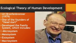 Ecological Theory of Human Development
• Uri Bronfenbrenner
(1979)
• One of the founders of
“Head start”
• Developed the Family
System, which includes:
• -Microsystem
• Mesosystem
• Exosystem
• Macrosystem
 