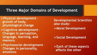 Three Major Domains of Development
Physical development -
growth of body,
physiological change
Cognitive development –
Changes in perception,
language, learning, and
memory
Psychosocial development –
Changes in personality,
emotions
Developmental Scientists
also study:
Moral Development
Social Development
Each of these aspects
affects the other
 