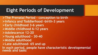 Eight Periods of Development
The Prenatal Period – conception to birth
Infancy and Toddlerhood –birth-3 years
Early childhood 3-6 years
Middle childhood 6-12 years
Adolescence 12-20
Young adulthood – 30-40
Middle adulthood
Late adulthood- 65 and up
In each period, people have characteristic developmental
needs and tasks
 