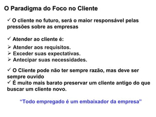 O Paradigma do Foco no Cliente O cliente no futuro, será o maior responsável pelas pressões sobre as empresas Atender ao cliente é: O Cliente pode não ter sempre razão, mas deve ser sempre ouvido É muito mais barato preservar um cliente antigo do que buscar um cliente novo. “ Todo empregado é um embaixador da empresa” Atender aos requisitos. Exceder suas expectativas. Antecipar suas necessidades. 