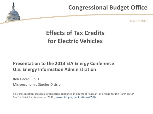 Congressional Budget OfficeEffects of Tax Creditsfor Electric VehiclesRon Gecan, Ph.D.Microeconomic Studies DivisionJune 1...