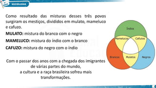 Como resultado das misturas desses três povos
surgiram os mestiços, divididos em mulato, mameluco
e cafuzo.
MULATO: mistura do branco com o negro
MAMELUCO: mistura do índio com o branco
CAFUZO: mistura do negro com o índio
Com o passar dos anos com a chegada dos imigrantes
de várias partes do mundo,
a cultura e a raça brasileira sofreu mais
transformações.
7
 