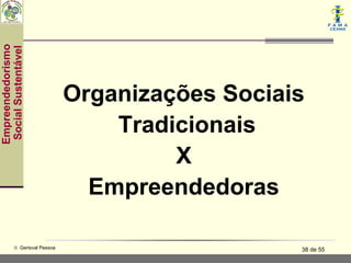 Empreendedorismo
 Social Sustentável




                               Organizações Sociais
                                   Tradicionais
                                        X
                                 Empreendedoras

           © Gerisval Pessoa                      38 de 55
 