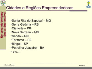 Cidades e Regiões Empreendedoras
Empreendedorismo
 Social Sustentável




                      Santa Rita do Sapucaí – MG
                      Serra Gaúcha – RS
                      Cianorte – PR
                      Nova Serrana – MG
                      Seridó – RN
                      Toritama – PE
                      Birigui – SP
                      Petrolina-Juazeiro – BA
                       etc...



           © Gerisval Pessoa                         46 de 55
 
