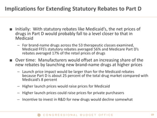 19C O N G R E S S I O N A L B U D G E T O F F I C E
Implications for Extending Statutory Rebates to Part D
■ Initially: With statutory rebates like Medicaid’s, the net prices of
drugs in Part D would probably fall to a level closer to that in
Medicaid
– For brand-name drugs across the 53 therapeutic classes examined,
Medicaid FFS’s statutory rebates averaged 56% and Medicare Part D’s
rebates averaged 17% of the retail prices of drugs
■ Over time: Manufacturers would offset an increasing share of the
new rebates by launching new brand-name drugs at higher prices
– Launch price impact would be larger than for the Medicaid rebates
because Part D is about 25 percent of the total drug market compared with
Medicaid’s 8 percent
– Higher launch prices would raise prices for Medicaid
– Higher launch prices could raise prices for private purchasers
– Incentive to invest in R&D for new drugs would decline somewhat
 