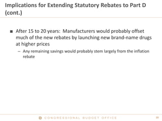 20C O N G R E S S I O N A L B U D G E T O F F I C E
Implications for Extending Statutory Rebates to Part D
(cont.)
■ After 15 to 20 years: Manufacturers would probably offset
much of the new rebates by launching new brand-name drugs
at higher prices
– Any remaining savings would probably stem largely from the inflation
rebate
 