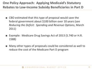 21C O N G R E S S I O N A L B U D G E T O F F I C E
One Policy Approach: Applying Medicaid’s Statutory
Rebates to Low-Income Subsidy Beneficiaries in Part D
■ CBO estimated that this type of proposal would save the
federal government about $100 billion over 10 years (see
Reducing the Deficit: Spending and Revenue Options, March
2011)
■ Example: Medicare Drug Savings Act of 2013 (S.740 or H.R.
1588)
■ Many other types of proposals could be considered as well to
reduce the cost of the Medicare Part D program
 