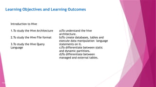 Learning Objectives and Learning Outcomes
Copyright 2015, WILEY INDIA PVT. LTD.
Learning Objectives Learning Outcomes
Introduction to Hive
1.To study the Hive Architecture
2.To study the Hive File format
3.To study the Hive Query
Language
a)To understand the hive
architecture.
b)To create databases, tables and
execute data manipulation language
statements on it.
c)To differentiate between static
and dynamic partitions.
d)To differentiate between
managed and external tables.
 