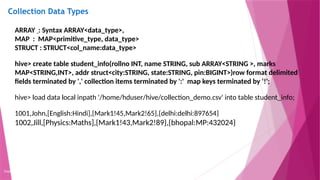 Collection Data Types
Copyright 2015, WILEY INDIA PVT. LTD.
ARRAY : Syntax ARRAY<data_type>,
MAP : MAP<primitive_type, data_type>
STRUCT : STRUCT<col_name:data_type>
hive> create table student_info(rollno INT, name STRING, sub ARRAY<STRING >, marks
MAP<STRING,INT>, addr struct<city:STRING, state:STRING, pin:BIGINT>)row format delimited
fields terminated by ',' collection items terminated by ':' map keys terminated by ‘!';
hive> load data local inpath '/home/hduser/hive/collection_demo.csv' into table student_info;
1001,John,[English:Hindi],{Mark1!45,Mark2!65},{delhi:delhi:897654}
1002,Jill,[Physics:Maths],{Mark1!43,Mark2!89},{bhopal:MP:432024}
 