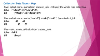 Collection Data Types - Map
Copyright 2015, WILEY INDIA PVT. LTD.
hive> select name, marks from student_info; //display the whole map collection
John {"Mark1":45,"Mark2":65}
Jill {"Mark1":43,"Mark2":89}
hive >select name, marks[“mark1”], marks[“mark2”] from student_info;
John 45 65
Jill 43 89
hive>select name, addr.city from student_info;
John delhi
Jill bhopal
 