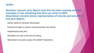 SerDer
Serializer converts java objects that hive has been working with and
translates it into something that Hive can write to HDFS.
Deserializer converts binary representation of records and converts it
into java objects.
Copyright 2015, WILEY INDIA PVT. LTD.
•SerDer stands for Serializer/Deserializer.
•Contains the logic to convert unstructured data into records.
•Implemented using Java.
•Serializers are used at the time of writing.
•Deserializers are used at query time (SELECT Statement).
 