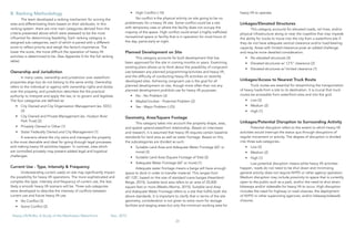 26
Heavy Lift/RoRo: A Study of the Manhattan Waterfront	 Dec, 2015
B. Ranking Methodology
The team developed a ranking mechanism for scoring the
sites and differentiating them based on their attributes. In this
ranking system, there are nine main categories derived from the
criteria presented above which were assessed to be the most
influential for determining feasibility. Each ranking category is
assigned sub-categories, each of which is paired with a different
score to reflect priority and weigh the factor’s importance. The
lower the score, the more difficult the operation of heavy lift
activities is determined to be. (See Appendix D for the full ranking
table)
Ownership and Jurisdiction
In many cases, ownership and jurisdiction over waterfront
properties align but do not belong to the same entity. Ownership
refers to the individual or agency with ownership rights and duties
over the property, and jurisdiction describes the the practical
authority to interpret and apply the law, or to govern and legislate.
The four categories are defined as:
•	 City Owned and City Organization Management (ex. EDC)
(3)
•	 City Owned and Private Management (ex. Hudson River
Park Trust) (2)
•	 Privately Owned or Other (1)
•	 State/ Federally Owned and City Management (1)
A scenario where the city owns and manages the property
is the most desirable and ideal for going through legal processes
and making heavy lift activities happen. In contrast, sites which
are controlled privately may present added legal and logistical
challenges.
Current Use - Type, Intensity & Frequency
Understanding current use(s) on site may significantly impact
the possibility for heavy lift operations. The more sophisticated and
complex the type, intensity and frequency of current use, the less
likely a smooth heavy lift scenario will be. Three sub-categories
were developed to describe the intensity of conflicts between
current use and future heavy lift use.
•	 No Conflict (3)
•	 Some Conflict (2)
•	 High Conflict (-10)
No conflict is the physical activity on site going to be no
problematic for a heavy lift site. Some conflict could be a site
with temporary uses or where the facility does not occupy the
majority of the space. High conflict could entail a highly trafficked
recreational space or facility that is in operation for most hours of
the day, particularly at night.
Planned Development on Site
This category accounts for built development that has
been approved for the site in coming months or years. Examining
existing plans allows us to think about the possibility of congruent
use between any planned programming/activities and heavy lift,
and the difficulty of conducting heavy lift activities on recently
developed sites. Achieving congruent use is the goal for all
planned development on site, though more often than not any
planned development prohibits use for heavy lift purposes.
•	 No - No Problem (3)
•	 Maybe/Unclear - Potential Problem (2)
•	 Yes - Major Problem (-25)
Geometry, Area/Square Footage
This category takes into account the property shape, area,
and spatial upland-waterfront relationship. Based on interviews
and research, it is assumed that heavy lift requires certain baseline
standards for land area as well as water frontage. Based on this,
the subcategories are divided as such:
•	 Suitable Land Area and Adequate Water Frontage (60’ or
more) (3)
•	 Suitable Land Area (Square Footage of Site) (2)
•	 Adequate Water Frontage (60’ or more) (1)
Adequate water frontage means a barge will have enough
space to dock in order to transfer material. This ranges from
60’-120’, based on the size of standard crane barges (Heartland
Barge, 2015). Suitable land area refers to an area of 20,000
square feet or more (Weeks Marine, 2015). Suitable land Area
and Adequate Water Frontage refers to a site that fulfills both the
above standards. It is important to clarify that in terms of the site
geometry, consideration is not given to extra room for storage
facilities and staging areas but only the minimum working area for
heavy lift to operate.
Linkages/Elevated Structures
This category accounts for elevated roads, rail lines, and/or
physical infrastructure along or near the coastline that may impede
the ability for trucks to move into the city from a waterfront site if
they do not have adequate vertical clearance and/or load-bearing
capacity. Areas with limited clearance pose an added challenge
and require more detailed consideration.
•	 No elevated structures (3)
•	 Elevated structures w/ 12’5’’ clearance (2)
•	 Elevated structures w/ limited clearance (1)
Linkages/Access to Nearest Truck Route
Truck routes are essential for streamlining the transportation
of heavy loads from a site to its destination. It is crucial that truck
routes be accessible from waterfront sites and into the grid.
•	 Low (3)
•	 Medium (2)
•	 High (1)
Linkages/Potential Disruption to Surrounding Activity
Potential disruption refers to the extent to which heavy lift
activities would interrupt the status quo through disruptions of
regular movement or activity. The degree of disruption is divided
into three sub-categories.
•	 Low (3)
•	 Medium (2)
•	 High (1)
Low potential disruption means while heavy lift activities
happen, roads do not need to be shut down and minimizing
general activity does not require NYPD or other agency operation.
Medium disruption may include proximity to space that is currently
open to the public such as a park, and/or the need to shut down
bikeways and/or sidewalks for heavy lift to occur. High disruption
includes the need for highway or road closures, the deployment
of NYPD or other supervising agencies, and/or bikeway/sidewalk
closures.
 