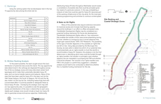 29
Team Heavy Lift VI. Potential Sites
RANKING NAME #
1 South St Seaport (Pier 6) 1
1 West 30th St Heliport 26
3 East 34th St Heliport 8
4 E 110th -111th Streets 14
5 Marine Transfer Station @ Gansevoort 29
5 Pier 86 24
5 Pier 97 23
8 Marine Transfer Station @ 59th St 21
8 Pier 42 4
8 W 219th St 18
11 107th Street Fishing Pier 13
11 E 91st - 103rd St 12
11 Pier 76 25
14 Marine Transfer Station @ 135th St 20
15 Marine Transfer Station @ 61 St 9
15 Old ConEd Station @ 74th St 10
Site Ranking and
Coastal Strategic Zones
distributing heavy lift sites throughout Manhattan would create
a constellation of possible sites that could be activated given
the needs of a particular scenario. In this way, embedding a
network of sites that could be used for heavy lift, becomes part
of the working infrastructure of the city while, for the most part,
allowing programming and activities to continue uninterrupted.
A Note on Air Rights
Many of the potential sites require extensive renovation
to maximize access and increase load bearing capacity
around the bulkhead. In an effort to offset anticipated costs,
Transferable Development Rights may be considered as a
potential funding mechanism for future site development.
Transferable Development Rights refers to “any mechanism
that enables the transfer of floor area across preexisting zoning
lot lines, whether to contiguous lots or across distances that
might span several blocks” (NYC DCP Research). The possibility
of this type of transfer depends on the available air rights that
are left on lots. Using data provided by the Municipal Arts
Society, we were able to determine which of our potential sites
could potentially use air rights transfer to fund the retrofit to
accommodate a heavy lift. However, this analysis is not the final
determinant in identifying which sites could be funded through
air rights transfers: the transfer is contingent upon whether
adjacent lots are interested in purchasing the FAR and whether
it would be allowed. The inclusion of air rights transfers and
FAR in this project is a preliminary suggestion; a detailed
analysis would need to be conducted to determine whether
this is a feasible funding mechanism for the site.
C. Rankings
Using the ranking system that we developed, here is the top
15 opportunity sites among the entire site list.
D. Written Ranking Analysis
To the extent possible, the team sought ensure the even
distribution of potential sites across the island. The top opportunity
sites determined in the rankings are dispersed throughout across
five of the six strategic zones and many sites share certain built
typologies which make them potentially desirable heavy lift
sites, such as marine transfer stations and heliports. Many of the
sites that have been used for heavy lift in the past, such as the
34th Street Heliport, the South St Seaport, Pier 42 and Pier 86,
also made it to this top tier list, indicating reassuringly that with
concentrated effort it could be possible to designate these as
future heavy lift sites. Overlaying the strategic zone map with
our top opportunity sites, it is possible to see the geographic
variety and distribution of the sites in relationship to each zone.
Ideally each strategic zone would include at least one heavy lift
site to guarantee access and service capacities. Additionally,
 