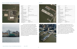 32
Heavy Lift/RoRo: A Study of the Manhattan Waterfront	 Dec, 2015
As a functioning marine transfer station
located in the heart of the Hudson River Park,
this site poses both advantages and challenges.
There are plans to renovate the site using a
shared space model between a park and a state-
of-the-art marine transfer station. The plans are
not finalized, and with a few minor considerations
could be a great opportunity to incorporate the
necessary infrastructure for heavy lift activity when
necessary. Even with the proposed park and new
infrastructure there would still be adequate space
for a heavy lift operation.
Located on the northern portion of of
Hudson River Park at West 57th Street, Pier 97 is
currently used seasonally as a live music venue.
Hudson River Park Trust has future plans to
renovate as a public pier with active recreation
courts, a playground and a lawn. As the plans are
not yet finalized, this could also be an opportunity
to propose part-time heavy lift during different
seasons and/or during the nighttime when the
space is closed off for public use.
Marine Transfer Station @ Gansevoort Pier 97
LOCATION Gansevoort
THE SITE:
Owner: City
Jurisdiction: DSNY
PMAZ: N
Current Use on Water: Marine Transfer Station
Current Upland Use: N/A
Zoning: M2-3
Land Use: Manufacturing
Subsurface Challenges: Y
Planned Development: Y
SURROUNDING AREAS:
Planned Development: Y
Zoning: C6-2A, C1-7A, M1-5, R6
Land Use: Manufacturing, Commerical, Residential
Elevated Road Infrastructure: N
Access to Truck Routes: Y
Turning Radius of 45' Inside
the Site
Y
Turning Radius of 45' to
Access the Site
Y
Other Elevated Structures:
Existing Marine Infrastructure: Bulkhead
Shoreline Type: Bulkhead
Shoreline Condition: No visible damage
Water Depths: 7' - 26'
LOCATION W 57th
THE SITE:
Owner: City
Jurisdiction: NYC DSBS
PMAZ: N
Current Use on Water: Seasonal concert venue, parking
Current Upland Use: Walking and Biking Path
Zoning: M2-3
Land Use: Manufacturing
Subsurface Challenges: N
Planned Development: Y
SURROUNDING AREAS:
Planned Development: Y
Zoning: M3-2, C4-7, M1-5
Land Use: Manufacturing, Commerical
Elevated Road Infrastructure: N
Access to Truck Routes: Y
Turning Radius of 45' Inside
the Site
Y
Turning Radius of 45' to
Access the Site
Y
Other Elevated Structures:
Existing Marine Infrastructure: Pier
Shoreline Type: Bulkhead
Shoreline Condition: No visible damage
Water Depths: 13' - 17'
 