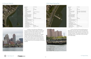 35
Team Heavy Lift VI. Potential Sites
Located on the east side of Manhattan,
this site currently includes a stretch of continuous
pedestrian and bike paths. While this site could
provide access to an area that lacks other
adequate potential heavy lift sites, it is included
as part of the East River Esplanade Plan and it
remains unclear what the final development will
be. The site has ideal access to truck routes and
upcoming renovations plans could be viewed as
an opportunity to join the conversation as soon as
possible.
As one of the few remaining fishing piers in
Manhattan, this site is also a part of the East River
Esplanade Plan though final plans and design have
not been finalized. This presents opportunities and
challenges similar to those seen at the site along
91st-103rd Streets.
E 91st and 103rd St 107th Street Fishing Pier
LOCATION E 107th St
THE SITE:
Owner: City
Jurisdiction: NYC Parks
PMAZ: N
Current Use on Water: Open Space / Outdoor Recreation
Current Upland Use: Open Space / Outdoor Recreation
Zoning: Park
Land Use: Park
Subsurface Challenges: Y
Planned Development: N
SURROUNDING AREAS:
Planned Development: N
Zoning: R7-2
Land Use: Residential
Elevated Road Infrastructure: N
Access to Truck Routes: Y
Turning Radius of 45' Inside
the Site
N
Turning Radius of 45' to
Access the Site
Y
Other Elevated Structures:
Existing Marine Infrastructure: N
Shoreline Type: Bulkhead
Shoreline Condition: No visible damage
Water Depths: 2' - 5'
LOCATION E 91st-103rd
THE SITE:
Owner: City
Jurisdiction: NYC DSBS
PMAZ: N
Current Use on Water: -
Current Upland Use: Pedestrian & bike way
Zoning: R7-2
Land Use: Residential
Subsurface Challenges: Y
Planned Development: N
SURROUNDING AREAS:
Planned Development: N
Zoning: Park, R7-2
Land Use: Commercial, Park, Residence
Elevated Road Infrastructure: Y
Access to Truck Routes: N
Turning Radius of 45' Inside
the Site
N
Turning Radius of 45' to
Access the Site
N
Other Elevated Structures:
Existing Marine Infrastructure: N
Shoreline Type: Bulkhead
Shoreline Condition: No visible damage
Water Depths: 1' - 16'
 