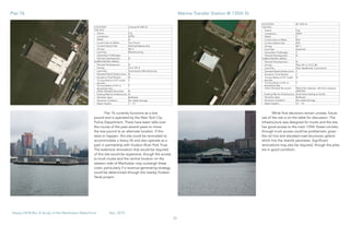 36
Heavy Lift/RoRo: A Study of the Manhattan Waterfront	 Dec, 2015
Pier 76 currently functions as a tow
pound and is operated by the New York City
Police Department. There have been talks over
the course of the past several years to move
the tow pound to an alternate location. If this
were to happen, this site could be renovated to
accommodate a heavy lift and also operate as a
park in partnership with Hudson River Park Trust.
The extensive renovation that would be required
of this site would be expensive, though the access
to truck routes and the central location on the
western side of Manhattan may outweigh these
costs, particularly if a revenue-generating strategy
could be determined through the nearby Hudson
Yards project.
While final decisions remain unclear, future
use of the site is on the table for discussion. The
infrastructure was designed for trucks and the site
has good access to the main 125th Street corridor,
through truck access could be problematic given
the rail line and elevated road structures upland
which line the island’s perimeter. Significant
renovations may also be required, though the piles
are in good condition.
Pier 76 Marine Transfer Station @ 135th St
LOCATION Cross at W 34th St
THE SITE:
Owner: City
Jurisdiction: NYPD
PMAZ: N
Current Use on Water: Tow Pound
Current Upland Use: Parking/Staging area
Zoning: M2-3
Land Use: Manufacturing
Subsurface Challenges:
Planned Development: N
SURROUNDING AREAS:
Planned Development: N
Zoning: C6-4, M1-5
Land Use: Commerical, Manufacturing
Elevated Road Infrastructure: N
Access to Truck Routes: N
Turning Radius of 45' Inside
the Site
Y
Turning Radius of 45' to
Access the Site
Y
Other Elevated Structures: N
Existing Marine Infrastructure: N
Shoreline Type: Bulkhead
Shoreline Condition: No visible damage
Water Depths: 7 '- 13'
LOCATION W 135th St
THE SITE:
Owner: City
Jurisdiction: DSNY
PMAZ: Y
Current Use on Water: N/A
Current Upland Use: N/A
Zoning: M1-1
Land Use: Industrial
Subsurface Challenges: Y
Planned Development: N
SURROUNDING AREAS:
Planned Development: N
Zoning: Park, M1-2, C6-2, R8
Land Use: Park, Residential, Commercial
Elevated Road Infrastructure: Y
Access to Truck Routes: Y
Turning Radius of 45' Inside
the Site
N
Turning Radius of 45' to
Access the Site
Y
Other Elevated Structures: West Side Highway, 12th Ave overpass,
AMTRAK
Existing Marine Infrastructure: Small dock leading to facility
Shoreline Type: Bulkhead
Shoreline Condition: No visible damage
Water Depths: 12' - 14'
 