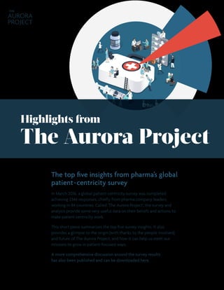 Highlights from
The Aurora Project
The top five insights from pharma’s global
patient-centricity survey
In March 2016, a global patient-centricity survey was completed
achieving 2346 responses, chiefly from pharma company leaders
working in 84 countries. Called ‘The Aurora Project’, the survey and
analysis provide some very useful data on their beliefs and actions to
make patient centricity work.
This short piece summarizes the top five survey insights. It also
provides a glimpse to the origin (with thanks to the people involved)
and future of The Aurora Project, and how it can help us meet our
missions to grow in patient-focused ways.
A more comprehensive discussion around the survey results
has also been published and can be downloaded here.
AURORA
PROJECT
THE
 