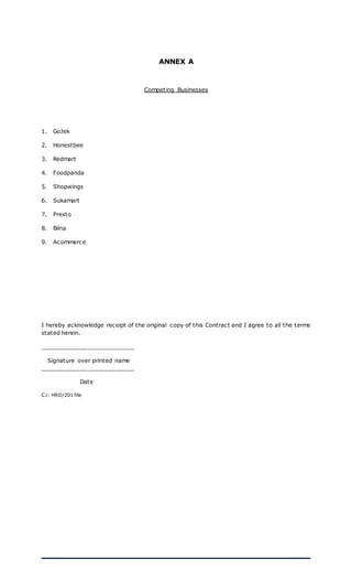 ANNEX A
Competing Businesses
1. GoJek
2. Honestbee
3. Redmart
4. Foodpanda
5. Shopwings
6. Sukamart
7. Presto
8. Bilna
9. Acommerce
I hereby acknowledge receipt of the original copy of this Contract and I agree to all the terms
stated herein.
__________________________
Signature over printed name
__________________________
Date
Cc: HRD/201 file
 
