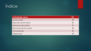 Índice
Actividades clave 33
Socios clave 35
Tipos de socios clave 36
Estructura de costos 37
Estructura de los costos 38
Conclusiones 39
referencias 40
 