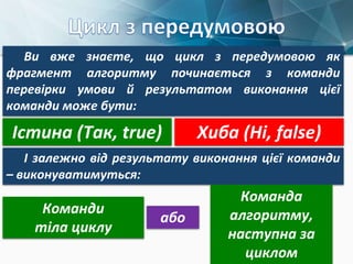 Ви вже знаєте, що цикл з передумовою як
фрагмент алгоритму починається з команди
перевірки умови й результатом виконання цієї
команди може бути:
Істина (Так, true) Хиба (Ні, false)
І залежно від результату виконання цієї команди
– виконуватимуться:
Команди
тіла циклу
Команда
алгоритму,
наступна за
циклом
або
 