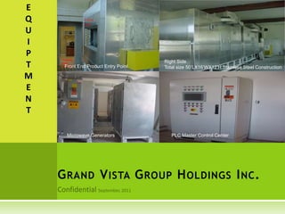 GRAND VISTA GROUP HOLDINGS INC.
E
Q
U
I
P
T
M
E
N
T
Right Side
Total size 50’LX16’WX12’H Stainless Steel ConstructionFront End Product Entry Point
Microwave Generators PLC Master Control Center
 