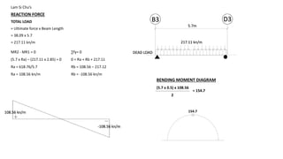 Lam Si Chu’s
REACTION FORCE
TOTAL LOAD
= Ultimate force x Beam Length
= 38.09 x 5.7
= 217.11 kn/m
B3 D3
217.11 kn/m
5.7m
DEAD LOADMR2 - MR1 = 0
(5.7 x Ra) – (217.11 x 2.85) = 0
Ra = 618.76/5.7
Ra = 108.56 kn/m
∑fy= 0
0 = Ra + Rb + 217.11
Rb = 108.56 – 217.12
Rb = -108.56 kn/m
108.56 kn/m
-108.56 kn/m
BENDING MOMENT DIAGRAM
(5.7 x 0.5) x 108.56
2
= 154.7
154.7
 