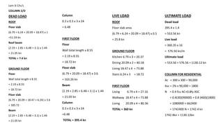 Lam Si Chu’s
COLUMN 2/D
DEAD LOAD
ROOF
Floor slab
(6.79 + 6.24 + 20.09 + 18.47) x 1
=51.59 kn
Roof beam
(2.19 + 2.85 + 6.48 + 3.1) x 1.44
= 21.05 kn
TOTAL = 7.4 kn
GROUND FLOOR
Floor
Wall total length x 8.55
= 2.19 x 8.55
= 18.72 kn
Floor slab
(6.79 + 20.09 + 18.47 + 6.24) x 3.6
= 185.72
Beam
(2.19 + 2.85 + 6.48 + 3.1) x 1.44
= 21.05 kn
Column
0.3 x 0.3 x 3 x 24
= 6.48
FIRST FLOOR
Floor
Wall total length x 8.55
= 2.19 x 8.55
= 18.72 kn
Floor slab
(6.79 + 20.09 + 18.47) x 3.6
= 163.26 kn
Beam
(2.19 + 2.85 + 6.48 + 3.1) x 1.44
= 21.05 kn
Column
0.3 x 0.3 x 3 x 24
=6.48
TOTAL = 395.4 kn
LIVE LOAD
ROOF
Floor slab area
(6.79 + 6.24 + 20.09 + 18.47) x 0.5
= 25.8 kn
GROUND FLOOR
Kitchen 6.79 x 3 = 20.37
Dining 20.09 x 2 = 40.18
Living 18.47 x 4 = 73.88
Stairs 6.24 x 3 = 18.72
FIRST FLOOR
Living 6.79 x 4 = 27.16
Walkway 18.47 x 4 = 73.88
Living 20.09 x 4 = 80.36
TOTAL = 360 kn
ULTIMATE LOAD
Dead load
395.4 x 1.4
= 553.56 kn
Live load
= 360.35 x 16
= 576.56 kn/m
Ultimate load
= 553.56 + 576.56 = 1130.12 kn
COLUMN FOR RESIDENTIAL
Ac = 300 x 300 = 90,000
Asc = 2% x 90,000 = 1800
N = 0.4 fcu AC+0.8fy ASC
= 0.4(30)(90000) + 0.8 (460)(1800)
= 1080000 + 662400
= 1742400 N = 1742.4 kn
1742.4kn > 1130.12kn
 