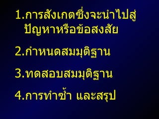 การสังเกตซึ่งจะนำไปสู่ปัญหาหรือข้อสงสัย กำหนดสมมุติฐาน ทดสอบสมมุติฐาน การทำซ้ำ และสรุป 