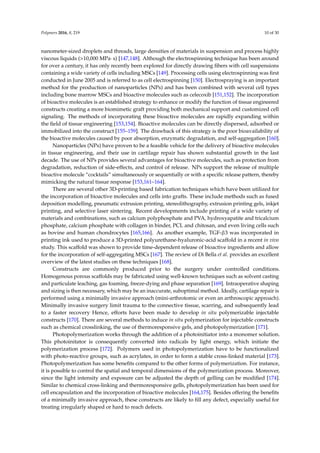 Polymers 2016, 8, 219 10 of 30
nanometer-sized droplets and threads, large densities of materials in suspension and process highly
viscous liquids (>10,000 MPa¨ s) [147,148]. Although the electrospinning technique has been around
for over a century, it has only recently been explored for directly drawing ﬁbers with cell suspensions
containing a wide variety of cells including MSCs [149]. Processing cells using electrospinning was ﬁrst
conducted in June 2005 and is referred to as cell electrospinning [150]. Electrospraying is an important
method for the production of nanoparticles (NPs) and has been combined with several cell types
including bone marrow MSCs and bioactive molecules such as celecoxib [151,152]. The incorporation
of bioactive molecules is an established strategy to enhance or modify the function of tissue engineered
constructs creating a more biomimetic graft providing both mechanical support and customized cell
signaling. The methods of incorporating these bioactive molecules are rapidly expanding within
the ﬁeld of tissue engineering [153,154]. Bioactive molecules can be directly dispersed, adsorbed or
immobilized into the construct [155–159]. The drawback of this strategy is the poor bioavailability of
the bioactive molecules caused by poor absorption, enzymatic degradation, and self-aggregation [160].
Nanoparticles (NPs) have proven to be a feasible vehicle for the delivery of bioactive molecules
in tissue engineering, and their use in cartilage repair has shown substantial growth in the last
decade. The use of NPs provides several advantages for bioactive molecules, such as protection from
degradation, reduction of side-effects, and control of release. NPs support the release of multiple
bioactive molecule “cocktails” simultaneously or sequentially or with a speciﬁc release pattern, thereby
mimicking the natural tissue response [153,161–164].
There are several other 3D-printing based fabrication techniques which have been utilized for
the incorporation of bioactive molecules and cells into grafts. These include methods such as fused
deposition modelling, pneumatic extrusion printing, stereolithography, extrusion printing gels, inkjet
printing, and selective laser sintering. Recent developments include printing of a wide variety of
materials and combinations, such as calcium polyphosphate and PVA, hydroxyapatite and tricalcium
phosphate, calcium phosphate with collagen in binder, PCL and chitosan, and even living cells such
as bovine and human chondrocytes [165,166]. As another example, TGF-β3 was incorporated in
printing ink used to produce a 3D-printed polyurethane-hyaluronic-acid scaffold in a recent in vivo
study. This scaffold was shown to provide time-dependent release of bioactive ingredients and allow
for the incorporation of self-aggregating MSCs [167]. The review of Di Bella et al. provides an excellent
overview of the latest studies on these techniques [168].
Constructs are commonly produced prior to the surgery under controlled conditions.
Homogenous porous scaffolds may be fabricated using well-known techniques such as solvent casting
and particulate leaching, gas foaming, freeze-dying and phase separation [169]. Intraoperative shaping
and sizing is then necessary, which may be an inaccurate, suboptimal method. Ideally, cartilage repair is
performed using a minimally invasive approach (mini-arthrotomic or even an arthroscopic approach).
Minimally invasive surgery limit trauma to the connective tissue, scarring, and subsequently lead
to a faster recovery Hence, efforts have been made to develop in situ polymerizable injectable
constructs [170]. There are several methods to induce in situ polymerization for injectable constructs
such as chemical crosslinking, the use of thermoresponsive gels, and photopolymerization [171].
Photopolymerization works through the addition of a photoinitiator into a monomer solution.
This photoinitator is consequently converted into radicals by light energy, which initiate the
polymerization process [172]. Polymers used in photopolymerization have to be functionalized
with photo-reactive groups, such as acrylates, in order to form a stable cross-linked material [173].
Photopolymerization has some beneﬁts compared to the other forms of polymerization. For instance,
it is possible to control the spatial and temporal dimensions of the polymerization process. Moreover,
since the light intensity and exposure can be adjusted the depth of gelling can be modiﬁed [174].
Similar to chemical cross-linking and thermoresponsive gells, photopolymerization has been used for
cell encapsulation and the incorporation of bioactive molecules [164,175]. Besides offering the beneﬁts
of a minimally invasive approach, these constructs are likely to ﬁll any defect, especially useful for
treating irregularly shaped or hard to reach defects.
 