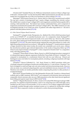 Polymers 2016, 8, 219 12 of 30
Chondro-Gide® (Geistlich Pharma AG, Wolhusen, Switzerland) consists of a bilayer collagen type
I/III matrix. Chondro-Gide® was the ﬁrst described AMIC based treatment, but still only case series
studies have investigated the use of this novel treatment in clinical settings [190–192].
Maioregen® (FinCeramica Faenza S.p.A., Faenza, Italy) is a three-layer nanostructured scaffold.
The top layer consists of deantigenated type I equine collagen resembling the articular surface.
The middle layer consists of type I collagen (60%) and magnesium-enriched hydroxyapatite (40%),
creating a tide-mark-like layer. The bottom layer mimics subchondral bone, and is composed of
magnesium-enriched hydroxyapatite (60%) and type I collagen (40%). This AMIC treatment was only
investigated clinically in two small case series: in patients with rather large defects (n = 20) and in
patients with tibial plateau lesions [193,194].
4.3. Other Natural Polymer-Based Constructs
Hyalograft® C autograft (Anika Therapeutics, Inc., Bedford, MA, USA) is MACI procedure based
on the use of HYAFF-11®, an esteriﬁed hyaluronic acid. In a comparative study, Hyalograft®-C
and microfracture both showed improved results at two years follow-up. However, after another
ﬁve years, these initial good results deteriorated in microfracture whereas they remained stable in
Hyalograft®-C [195,196]. The same research group compared the same interventions in a study with
high demanding professional soccer players. Although the Hyalograft® C treated patients required
a longer duration for their return to play, the results were sustainable up to seven years, whereas
the microfracture patients again showed deterioration of the results at long-term follow-up [197].
Clinical scores improved faster in Hyalograft® C when compared to Chondro-Gide® in a comparative
study with older patients [198].
Cartipatch® (Tissue Bank of France, Mions, France) is a MACI hydrogel procedure composed of
an ultrapuriﬁed agarose-alginate suspension (GelForGel; Tissue Bank of France). Cartipatch® was
compared to mosaicplasty in a randomized clinical trial with two year follow-up. Clinical and
histological scores were better for mosaicplasty patients, including a subgroup of patients with large
defects [199,200].
Chondron™ (Sewon Cellontech Co. Ltd., Seoul, Korea) is a MACI procedure which uses
a hydrogel composed of autologous chondrocytes and ﬁbrin glue in a 1:1 ratio mixture. Chondron™ has
been investigated in small and large scale case series studies and showed promising results. However,
only one study was conducted using frequently used and established outcome measures [201–203].
Therefore more studies are needed, preferably studies comparing this product to other products or
accepted treatments.
BST-CarGel® (Piramal Healthcare Ltd., Bio-Orthopaedics Division, QC, Canada) is a chitosan-based
scaffold used as AMIC treatment. BST-CarGel® was compared to microfracture alone and showed
comparable clinical outcomes after one year. MRI assessment on the other hand showed signiﬁcant
lesion ﬁlling and superior repair tissue in BST-CarGel® [204].
GelrinC™ (Regents Biomaterials, Or-Akiva, Israel) is CE marked PEG-ﬁbrinogen hydrogel AMIC
procedure. It is applied as liquid formulation, cured in-situ using long-wave ultraviolet light, and is
resorbed over the course of several months. In-vitro as well as in vivo evidence suggests that GelrinC
is gradually resorbed through surface mediated erosion as it is replaced by hyaline-like cartilage
tissue [105]. More comparative studies are indicated to conﬁrm these promising ﬁndings.
 