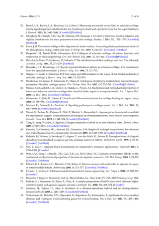 Polymers 2016, 8, 219 21 of 30
52. Bartell, L.R.; Fortier, L.A.; Bonassar, L.J.; Cohen, I. Measuring microscale strain ﬁelds in articular cartilage
during rapid impact reveals thresholds for chondrocyte death and a protective role for the superﬁcial layer.
J. Biomech. 2015, 48, 3440–3446. [CrossRef] [PubMed]
53. Silverberg, J.L.; Barrett, A.R.; Das, M.; Petersen, P.B.; Bonassar, L.J.; Cohen, I. Structure-function relations and
rigidity percolation in the shear properties of articular cartilage. Biophys. J. 2014, 107, 1721–1730. [CrossRef]
[PubMed]
54. Clark, J.M. Variation of collagen ﬁber alignment in a joint surface: A scanning electron microscope study of
the tibial plateau in dog, rabbit, and man. J. Orthop. Res. 1991, 9, 246–257. [CrossRef] [PubMed]
55. Responte, D.J.; Natoli, R.M.; Athanasiou, K.A. Collagens of articular cartilage: Structure, function, and
importance in tissue engineering. Crit. Rev. Biomed. Eng. 2007, 35, 363–411. [CrossRef] [PubMed]
56. Havelka, S.; Horn, V.; Spohrova, D.; Valouch, P. The calciﬁed-noncalciﬁed cartilage interface: The tidemark.
Acta Biol. Hung. 1984, 35, 271–279. [PubMed]
57. Hunziker, E.B.; Rosenberg, L.C. Repair of partial-thickness defects in articular cartilage: Cell recruitment
from the synovial membrane. J. Bone Jt. Surg. Am. 1996, 78, 721–733.
58. Shapiro, F.; Koide, S.; Glimcher, M.J. Cell origin and differentiation in the repair of full-thickness defects of
articular cartilage. J. Bone Jt. Surg. Am. 1993, 75, 532–553.
59. Henderson, I.; Lavigne, P.; Valenzuela, H.; Oakes, B. Autologous chondrocyte implantation: Superior biologic
properties of hyaline cartilage repairs. Clin. Orthop. Relat. Res. 2007, 455, 253–261. [CrossRef] [PubMed]
60. Strauss, E.J.; Goodrich, L.R.; Chen, C.T.; Hidaka, C.; Nixon, A.J. Biochemical and biomechanical properties of
lesion and adjacent articular cartilage after chondral defect repair in an equine model. Am. J. Sports Med.
2005, 33, 1647–1653. [CrossRef] [PubMed]
61. Gaissmaier, C.; Koh, J.L.; Weise, K. Growth and differentiation factors for cartilage healing and repair. Injury
2008, 39, S88–S96. [CrossRef] [PubMed]
62. Mariani, E.; Pulsatelli, L.; Facchini, A. Signaling pathways in cartilage repair. Int. J. Mol. Sci. 2014, 15,
8667–8698. [CrossRef] [PubMed]
63. Varoni, E.; Tschon, M.; Palazzo, B.; Nitti, P.; Martini, L.; Rimondini, L. Agarose gel as biomaterial or scaffold
for implantation surgery: Characterization, histological and histomorphometric study on soft tissue response.
Connect. Tissue Res. 2012, 53, 548–554. [CrossRef] [PubMed]
64. Tang, S.; Yang, W.; Mao, X. Agarose/collagen composite scaffold as an anti-adhesive sheet. Biomed. Mater.
2007, 2, S129–S134. [CrossRef] [PubMed]
65. Karoubi, G.; Ormiston, M.L.; Stewart, D.J.; Courtman, D.W. Single-cell hydrogel encapsulation for enhanced
survival of human marrow stromal cells. Biomaterials 2009, 30, 5445–5455. [CrossRef] [PubMed]
66. Rahfoth, B.; Weisser, J.; Sternkopf, F.; Aigner, T.; von der Mark, K.; Brauer, R. Transplantation of allograft
chondrocytes embedded in agarose gel into cartilage defects of rabbits. Osteoarthr. Cartil. 1998, 6, 50–65.
[CrossRef] [PubMed]
67. Sun, J.; Tan, H. Alginate-based biomaterials for regenerative medicine applications. Materials 2013, 6,
1285–1309. [CrossRef]
68. Wan, L.Q.; Jiang, J.; Arnold, D.E.; Guo, X.E.; Lu, H.H.; Mow, V.C. Calcium concentration effects on the
mechanical and biochemical properties of chondrocyte-alginate constructs. Cell. Mol. Bioeng. 2008, 1, 93–102.
[CrossRef] [PubMed]
69. Diduch, D.R.; Jordan, L.C.; Mierisch, C.M.; Balian, G. Marrow stromal cells embedded in alginate for repair
of osteochondral defects. Arthroscopy 2000, 16, 571–577. [CrossRef] [PubMed]
70. Croisier, F.; Jérôme, C. Chitosan-based biomaterials for tissue engineering. Eur. Polym. J. 2012, 49, 780–792.
[CrossRef]
71. Dumitriu, S. Polymeric Biomaterials, 2nd ed.; Marcel Dekker, Inc.: New York, NY, USA, 2002; Volume p xiv, p. 1168.
72. Kubota, N.; Tatsumoto, N.; Sano, T.; Toya, K. A simple preparation of half N-acetylated chitosan highly
soluble in water and aqueous organic solvents. Carbohydr. Res. 2000, 324, 268–274. [CrossRef]
73. Sashiwa, H.; Yajima, H.; Aiba, S. Synthesis of a chitosan-dendrimer hybrid and its biodegradation.
Biomacromolecules 2003, 4, 1244–1249. [CrossRef] [PubMed]
74. Venkatrajah, B.; Malathy, V.V.; Elayarajah, B.; Rajendran, R.; Rammohan, R. Synthesis of carboxymethyl
chitosan and coating on wound dressing gauze for wound healing. Pak. J. Biol. Sci. 2013, 16, 1438–1448.
[CrossRef] [PubMed]
 